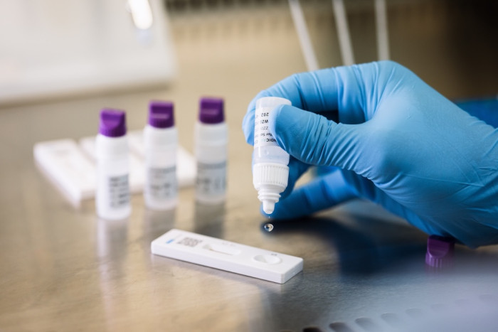 Gloved hand dripping testing liquid onto INDICAID COVID-19 rapid test